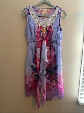 ONE WORLD Lavender and Pink Floral Chiffon Dress with Beaded Neckline